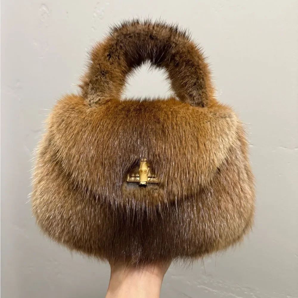 Gorgeous Natural Muskrat Fur Handmade Top Handle Bag, Includes 2 Strap Styles